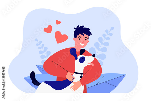 Cheerful owner embracing cute happy dog. Male cartoon character with domestic animal flat vector illustration. Pets, love, friendship, animal care concept for banner, website design or landing page