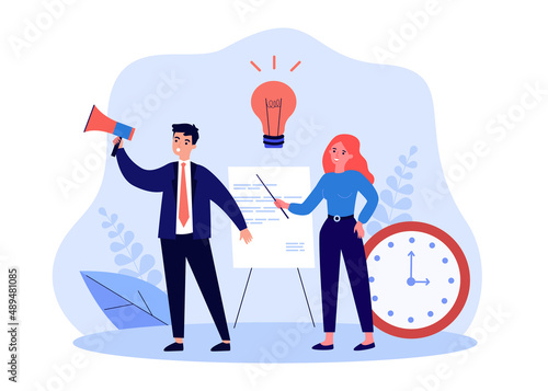Office person with idea and businessman speaking into megaphone. Woman with business plan flat vector illustration. Time management, deadline, startup, marketing concept for banner or landing web page