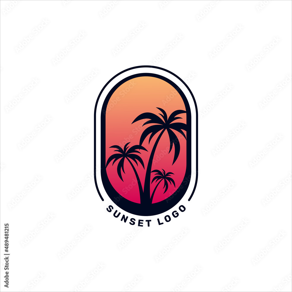 Modern sunset and palm logo design illustration Modern sunset and palm logo design illustration