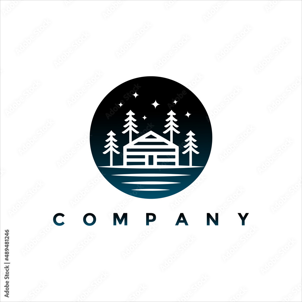 Wooden house on a starry night logo design illustration for your business