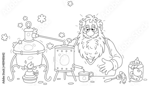 Funny old bearded scientist chemist making homemade wine spirit in his alcohol machine in merry experiment in a kitchen, black and white outline vector cartoon illustration