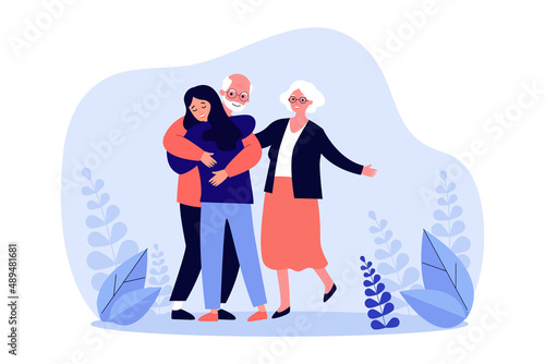 Adult daughter hugging old father. Woman visiting parents or grandparents flat vector illustration. Family, relationship, elderly care concept for banner, website design or landing web page