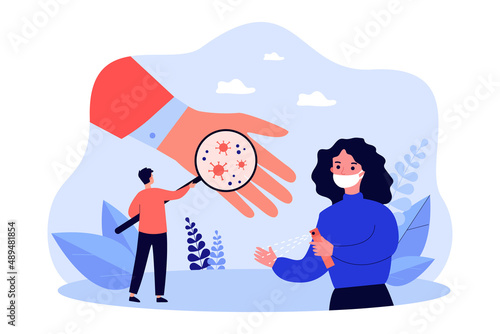Tiny man with magnifier examining germs on giant hand. Woman in mask using hand sanitizer flat vector illustration. Coronavirus, health, medicine concept for banner, website design or landing web page