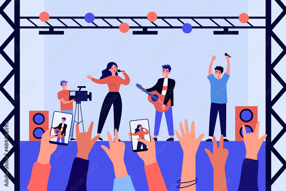 Hands of fans filming performance of music band on stage. Woman singing, man playing guitar flat vector illustration. Event, music, entertainment concept for banner, website design or landing web page - obrazy, fototapety, plakaty 