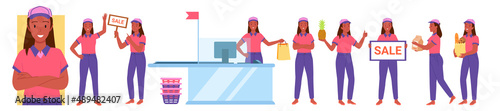 Supermarket or store female employee at work set vector illustration. Cartoon woman in uniform greeting people, personnel assistant, cashier worker or consultant working on sales isolated on white