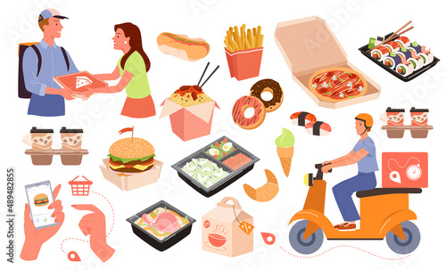 Food delivery lettering, catering service set vector illustration. fastfood order, collection with ice cream coffee pizza noodles donuts french fries hotdog baguette isolated on white