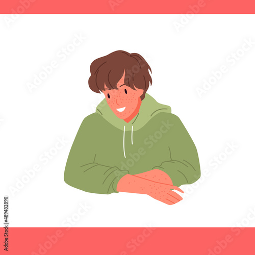 Young man with cute face and freckles on skin vector illustration. Cartoon portrait of freckled boy teenager wearing casual hoodie, funny male character smiling background. Puberty, youth concept