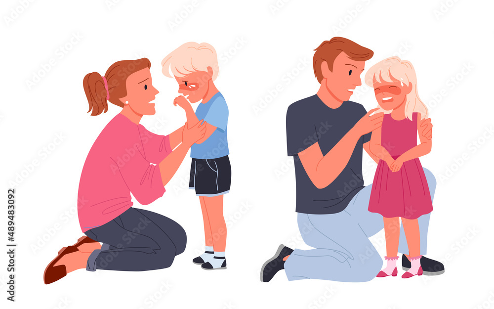 Worried mother and father calming down crying kids. Parenthood care and childhood problems, kid supporting moment and emotional comforting help cartoon vector illustration Worried mother and father calming down crying kids. Parenthood care and childhood problems, kid supporting moment and emotional comforting help cartoon vector illustration