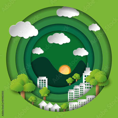 Nature landscape and environment conservation concept design.Vector illustration. Green eco friendly paper carve background.