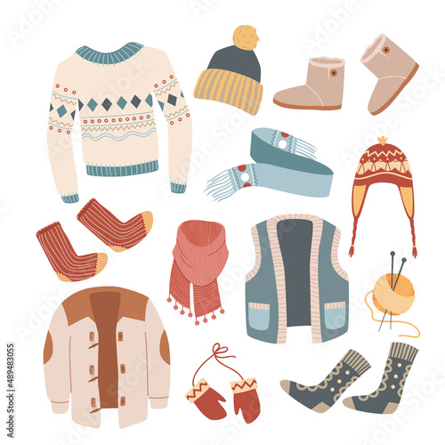 Wool clothes for winter season vector illustration set. Cartoon warm woolen handmade knitwear collection with stylish sweater scarf beanie hat jumper mittens boots socks vest isolated on white