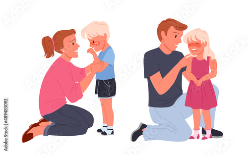 Worried mother and father calming down crying kids. Parenthood care and childhood problems, kid supporting moment and emotional comforting help cartoon vector illustration