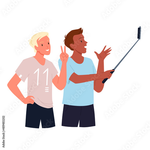 Male characters making selfie photo with stick vector illustration. Cartoon young persons take self picture, portrait for social media, men couple standing together with smile isolated on white
