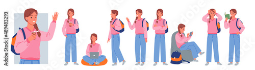 Female student character with different study poses set vector illustration. Cartoon cute teen girl with backpack talking, sitting with laptop and training, lady drinking coffee isolated on white