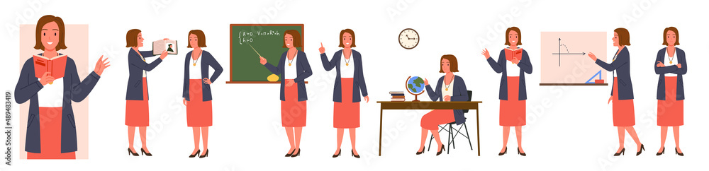 Female teacher characters with different poses set vector illustration. Cartoon woman holding pointer and book, teaching math at blackboard, lady showing and explaining lesson isolated on white Female teacher characters with different poses set vector illustration. Cartoon woman holding pointer and book, teaching math at blackboard, lady showing and explaining lesson isolated on white