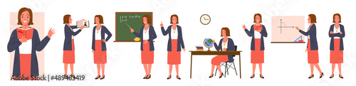 Female teacher characters with different poses set vector illustration. Cartoon woman holding pointer and book, teaching math at blackboard, lady showing and explaining lesson isolated on white