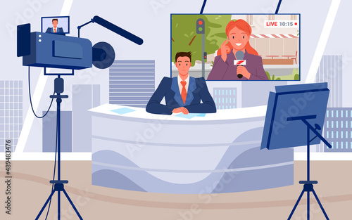 TV breaking news in studio vector illustration. Cartoon scene with live interview of woman journalist holding microphone on screen, presenter sitting at table on stage. Journalism, television concept
