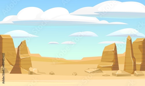 Rocky cliffs. Sandy desert. Desert natural landscape with stones. Illustration in cartoon style flat design. Vector