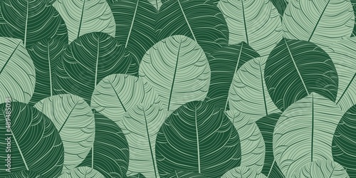 Leaves Seamless Pattern Line Art Style. Floral Botanical Line Art Wallpaper. Luxury Textile Design with Leaves. Floral Background for Wall Art, Surface Design, Posters, Prints, Invitation. Vector 