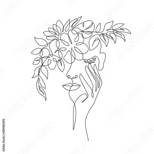 Woman with Flowers Line Art Drawing. Female Floral Head. Woman with Leaves Art for Wall Decor, Print, Poster. Perfect for Home Decor, Wall Posters, or t-shirt Print, Mobile Case. Vector EPS 10