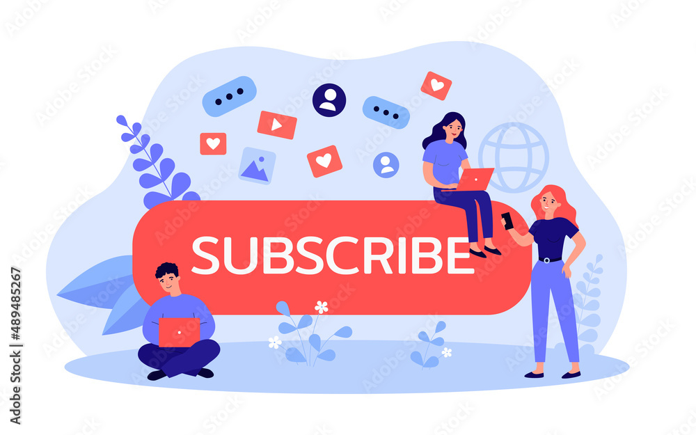 Tiny content creators sitting on subscribe button. Cartoon characters with laptops flat vector illustration. Technology, promotion, social media concept for banner, website design or landing web page