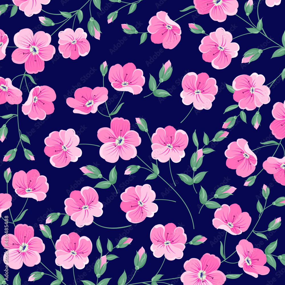 Fototapeta premium Pink Flower Green Leaf Floral Pattern
