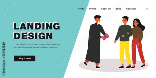 Couple people meeting with catholic priest. Religious christian man holding bible flat vector illustration. Religion, catholicism, worship concept for banner, website design or landing web page