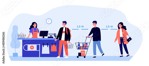 Cartoon customers in supermarket keeping distance. Prevention of disease transmission while shopping flat vector illustration. Social distancing, coronavirus, health concept for banner, website design