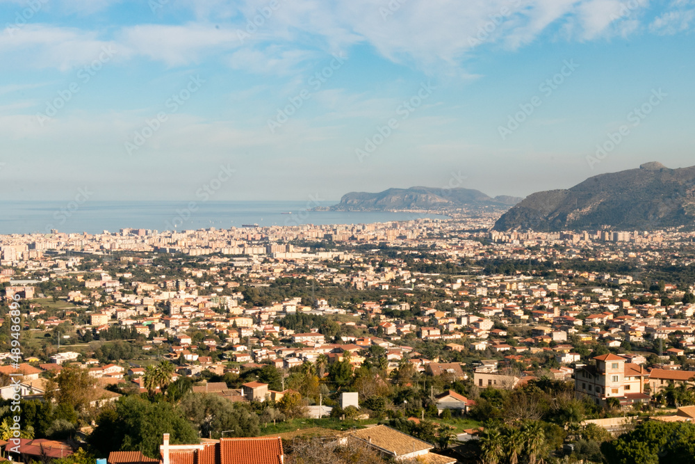 Panoramic view of the city of Palermo in Italy, you can see the sea and the blue sky in the background
