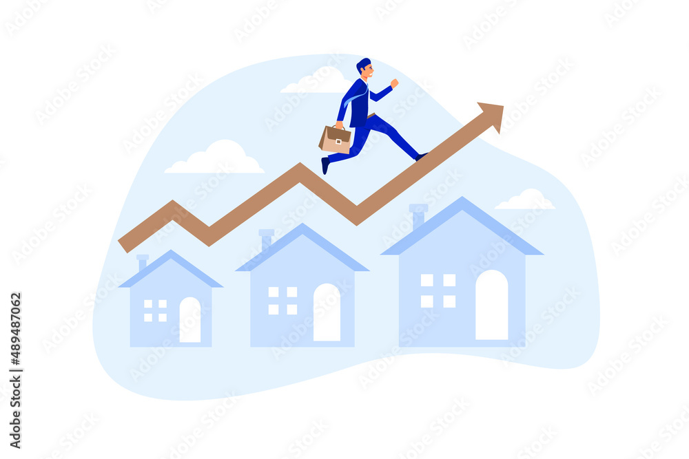 Housing price rising up, real estate or property growth concept, businessman running on rising green graph on house roof. Housing price rising up, real estate or property growth concept, businessman running on rising green graph on house roof.
