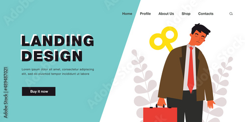 Exhaustion of professional tired male employee with key in back. Unmotivated man with stress flat vector illustration. Burnout from hard work concept for banner, website design or landing web page