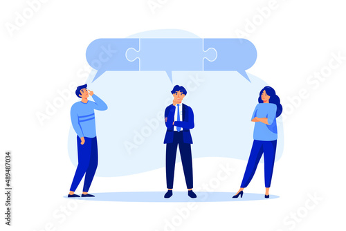 Compromise to get solution in business meeting, leadership to communicate and connect ideas in brainstorm session concept, smart business people team with connected jigsaw puzzle speech bubble.