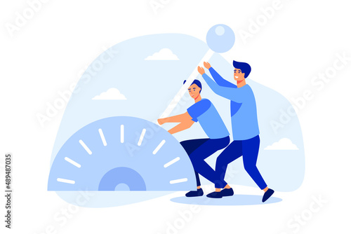 Paradigm shift technology to new business level, control or shifting speed for company growth, transformation and disruption concept, businessman team shifting transmission knob to faster new level.