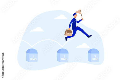 Project milestone to progress toward business goal, journey or execution to achieve business success concept, skillful businessman holding success flag jumping on milestones reaching target.