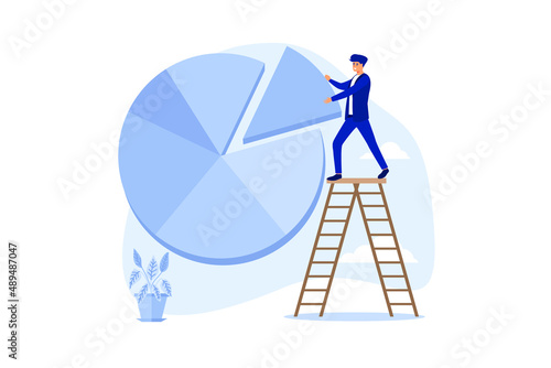 Investment asset allocation and rebalance concept, businessman investor or financial planner standing on ladder to arrange pie chart as rebalancing investment portfolio to suitable for risk and return