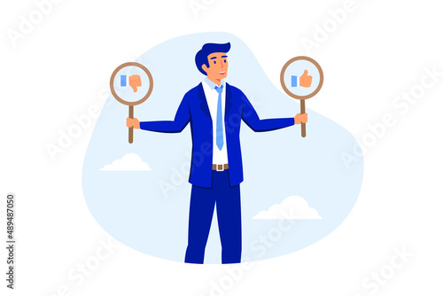 Do and Don't list, suggestion, advice or rules that make business success, things to do, solutions or to avoid mistake and error concept, smart businessman holding waring thumb up and thumb down sign.