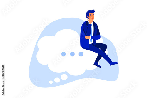 Think of solution, critical thinking to solve problem, focus on new idea, concentration or contemplation, skeptical or rational concept, thoughtful businessman sitting like thinker on thinking bubble. photo