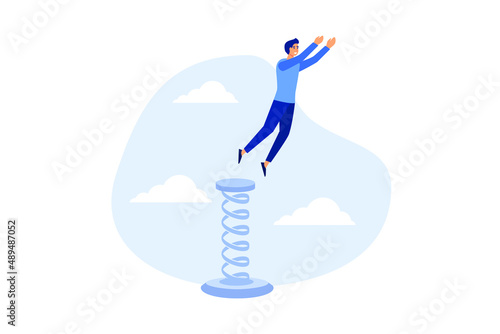Boost up business growth, improvement, career path or job promote to higher position concept, confidence businessman leader jumping springboard up high in the sky.