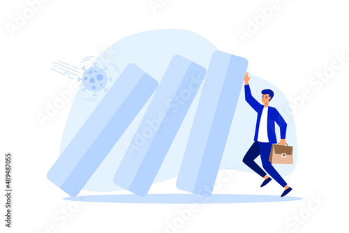 COVID-19 Coronavirus outbreak financial crisis help policy, company and business to survive concept, businessman leader help pushing bar graph falling in economic collapse from COVID-19 virus pathogen