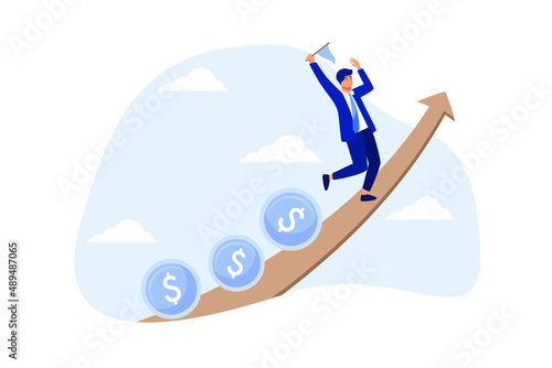 Investment profit and earning, stock market growth or fund flow depend on interest rate and inflation concept, businessman investor, fund manager holding flag lead money coins running up rising graph.