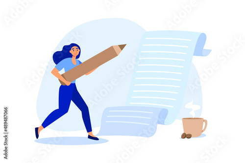 Content writer, blogger, bullet journalist or publishing editor concept, young smart woman freelance holding big pencil thinking and writing content on notepad paper with cup of coffee.