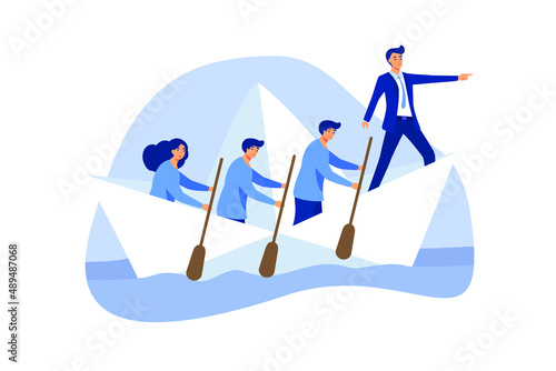 Leadership to lead team and guide direction, motivation and inspiration to drive company to achieve success concept, confidence businessman manager leader with speech bubble to sail the ship forward.
