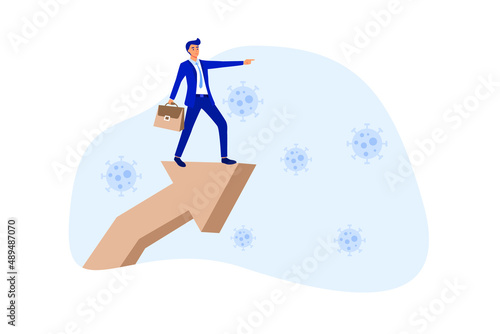 Post pandemic vision, economic outlook after Coronavirus COVID-19 crisis concept, smart businessman standing on upward rising growth graph using telescope to see the way forward with virus pathogen.