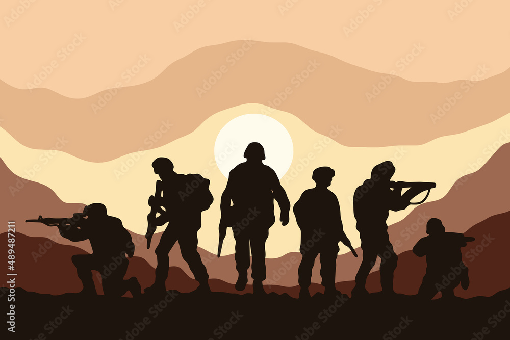 Fototapeta premium Army Military Troops Sniper Stop The War Flat silhouette Art illustration