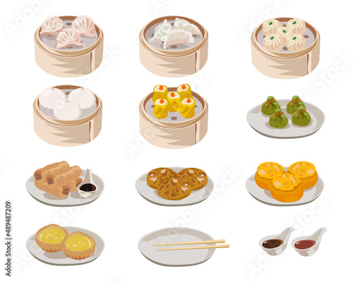 Dim sum, Chinese dishes set. Vector illustrations of traditional food in China. Cartoon shrimp dumplings, wonton, fried spring rolls and pork bun isolated on white. Chinese meals menu concept