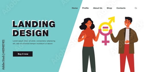 Female and male entrepreneurs with gender equal symbols. Professional parity between men and women flat vector illustration. Gender equality concept for banner, website design or landing web page