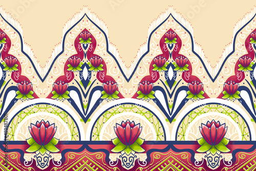 Pink Flower on Ivory Beige, Green, Navy Blue Geometric ethnic oriental pattern traditional Design for background,carpet,wallpaper,clothing,wrapping,Batik,fabric, illustration embroidery style.