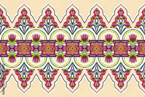 Pink Flower on Ivory Beige, Green, Navy Blue Geometric ethnic oriental pattern traditional Design for background,carpet,wallpaper,clothing,wrapping,Batik,fabric, illustration embroidery style