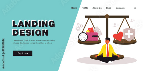 Businessman with scales in balance, money vs health. Man comparing cost of medical services flat vector illustration. Insurance, healthcare concept for banner, website design or landing web page