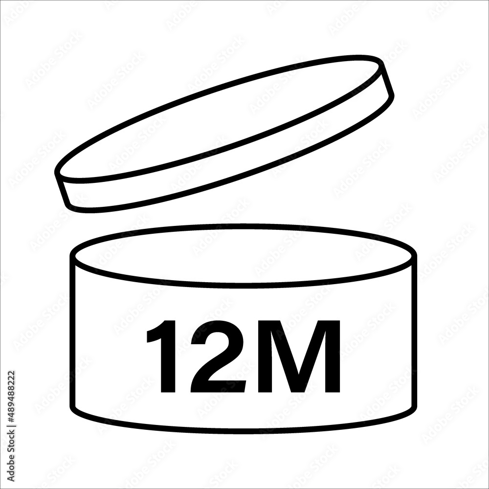 PAO cosmetic icon, mark of period after opening. Expiration time after package opened, white label. 12 month expirity on white background, vector illustration PAO cosmetic icon, mark of period after opening. Expiration time after package opened, white label. 12 month expirity on white background, vector illustration