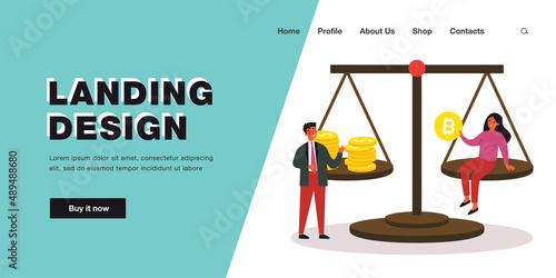 Business people with balance scales, bitcoin vs dollar. Person trading or buying crypto currency flat vector illustration. Stock crypto market concept for banner, website design or landing web page